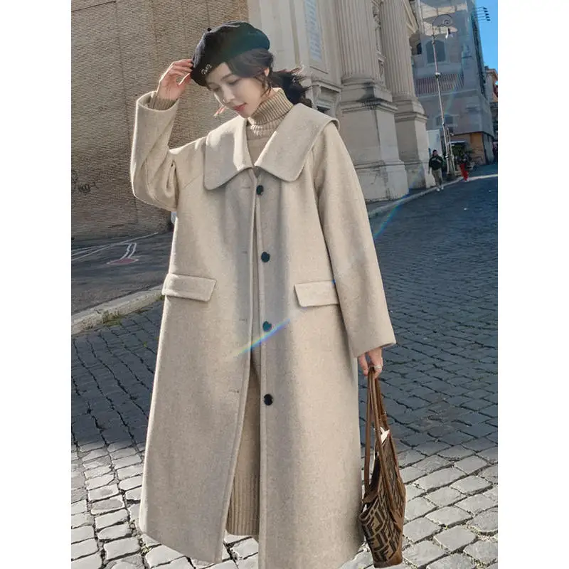 

Winter Beige Elegant Wool Coat Women Korean Fashion Black Long Coats Basic Minimalist Woolen Overcoat Warmness Oversize Outwear