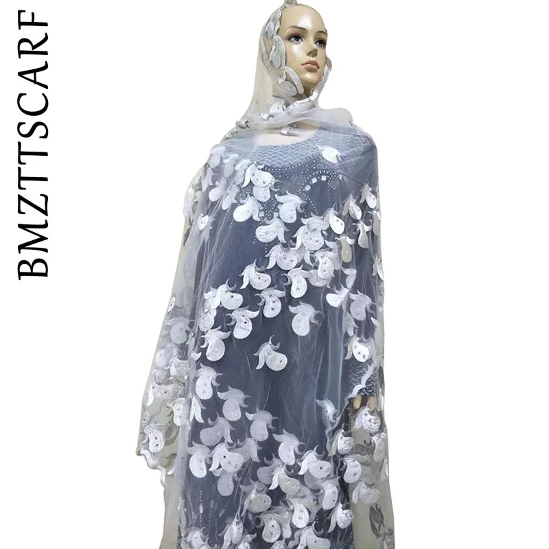 African Women Scarf Good Quality Plain Embroidery with Stones Soft Net Scarf for Headscarf Wraps Pashmina BM805