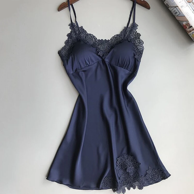 

Women Deep V Neck Lace Soild Color Sleepwear Sexy Padded Nightdress New Fashion Sleeveless Sling Nightwear Dress Femme