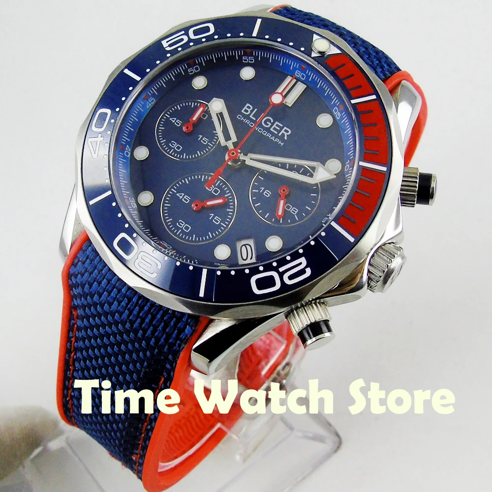 

Bliger 41mm blue Quartz stop men's watch full chronograph 24 hours minute sapphire glass date display ceramic bezel waterproof