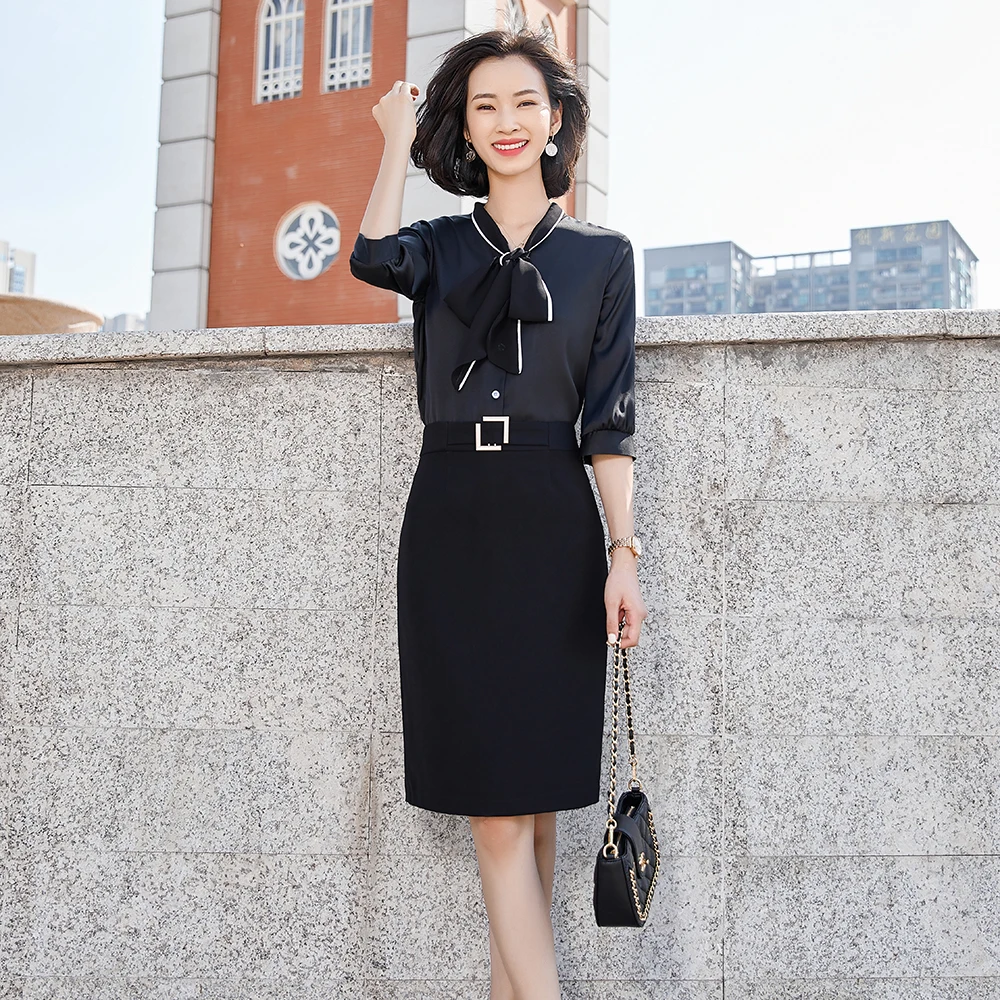 

2021 Summer Elegant Office Ladies Work Wear Women Shirts White Black Half Sleeve Tops And Bow Collar Blouse Female Plus Size