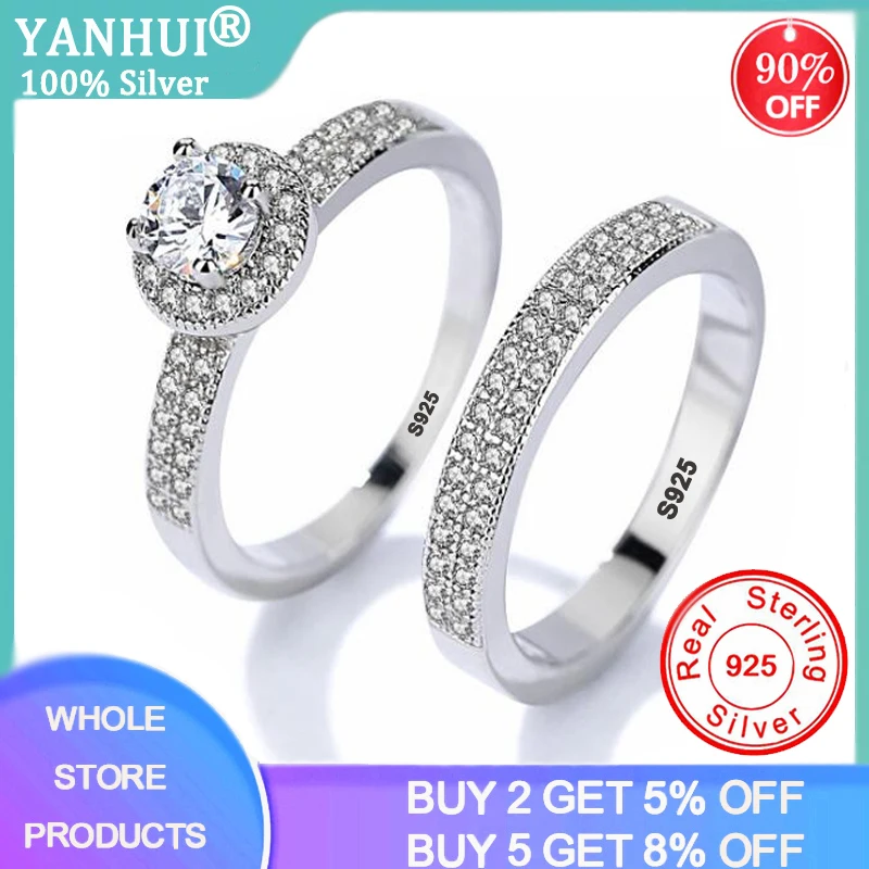 

YANHUI Luxury Female Bridal Wedding Band Ring Set Fine Silver 925 Jewelry Promise Zirconia Diamond Engagement Rings For Women