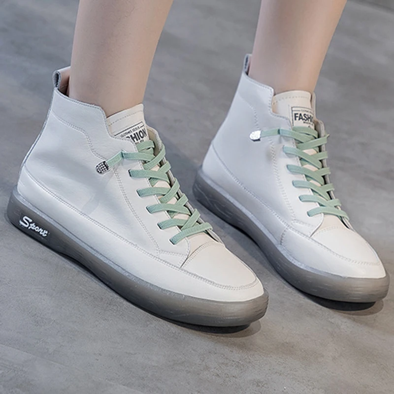 

Женские высокие кроссовки, универсальные, из натуральной кожи, на мягкой подошве, на шнуровке, Повседневная Уличная обувь, белые, sh253, осень-в...
