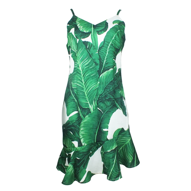 

New Summer Women Casual Sexy Short Dress Green Leaves Printed Spaghetti Strap Sleeveless Beach Dress Party Mini Dresses