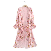 spring and autumn cotton waffle kimono bride bathrobe and night gown home wear women flower print sashes house robe for women