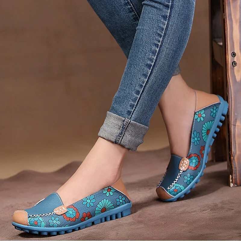 Women Flat Shoes Fashion Ballet Summer Flower Print Women Shoes Genuine Leather Loafers Ladies Shoes Woman Soft Footwear 42