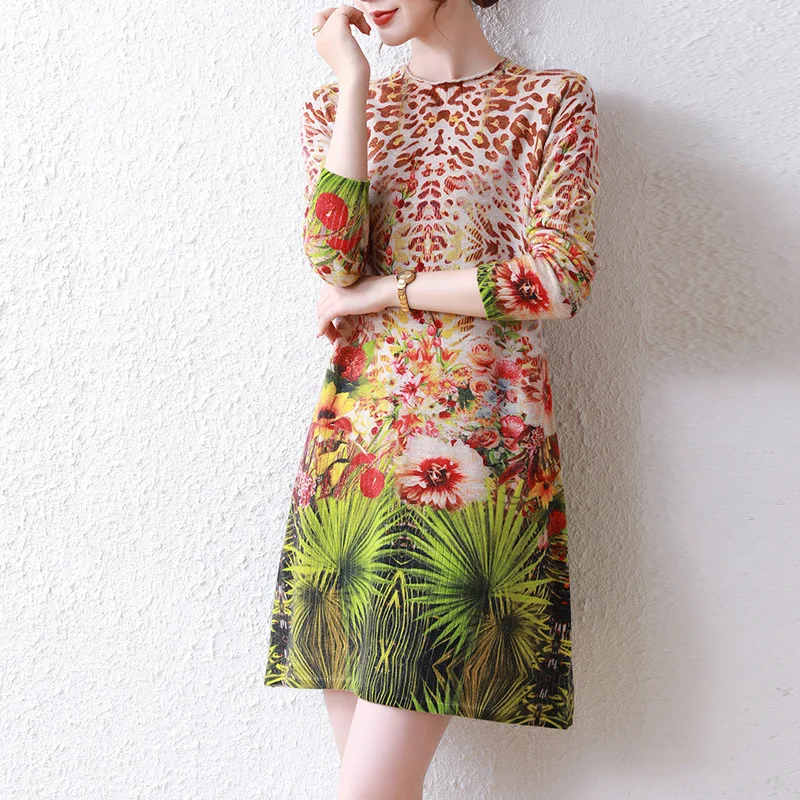 

Autumn And Winter Printed Pure Wool Sweater Women's 100% Wool Dress Loose Large Size Knitted Bottomed Sweater Mother's Dress