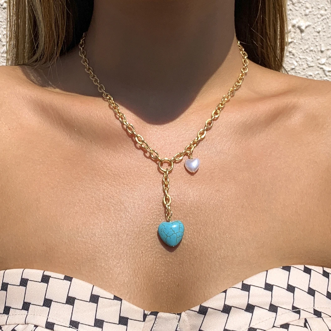 

Ingemark Boho Blue Natural Stone Love Heart Pendant Necklace for Women Classic Clavicle Chain Beach Outfits Collares Y2K Jewelry
