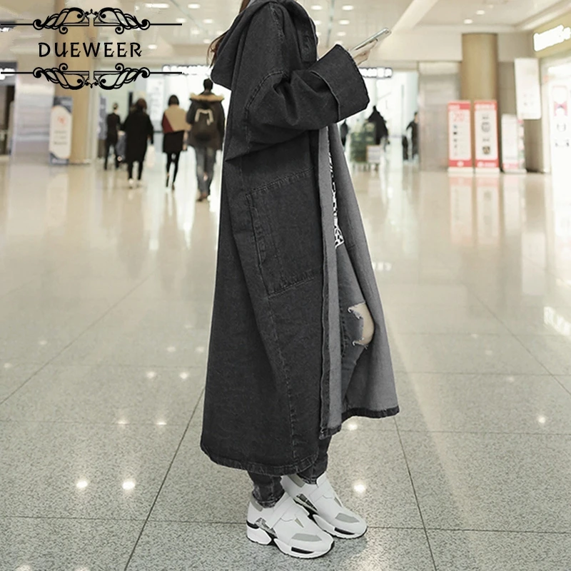 

DUEWEER Jackets Coats Womens Large Size BF Elegant Long Loose Korean Style Hooded Solid Women Jacket
