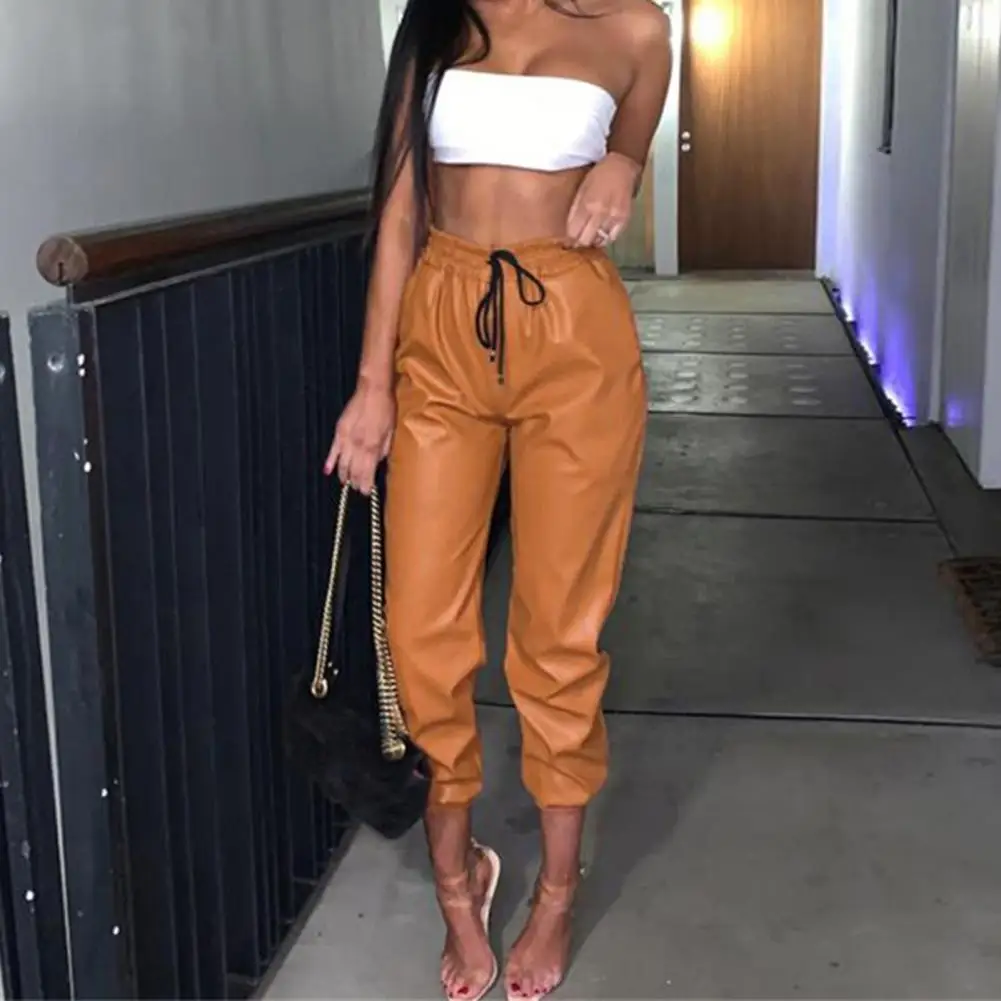 

High Waist Women Trousers Faux Leather Elastic Waist Drawstring Long Pants Women Clothing