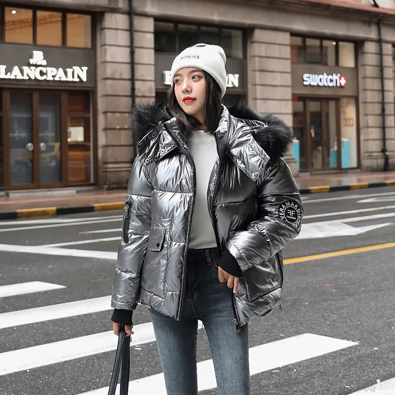 

Autumn Winter Women's Short Glossy Down Cotton Hooded Parkas With Big Fur Collar Casual Pearlescent Leather Thick Winter Jacket