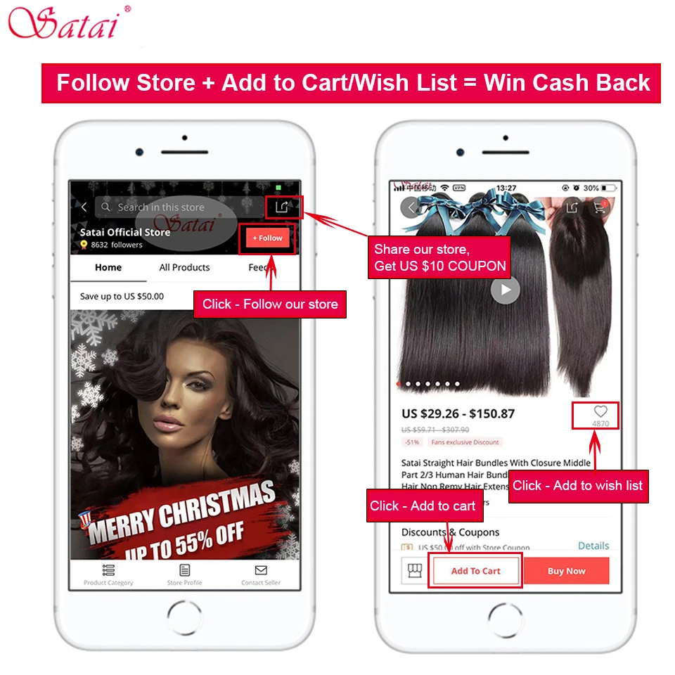 

Satai Deep Wave 4 Bundles With Closure 100% Human Hair Bundles with Closure Brazilian Hair Weave Bundles Non-Remy Hair Extension