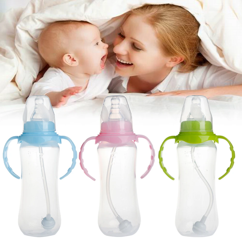 

240ML Portable Standard Mouth Baby Silicone Straw Bottle 1Pc Neck Anti-colic Kids Infant Milk Feeding Spoons Nipple Nurser