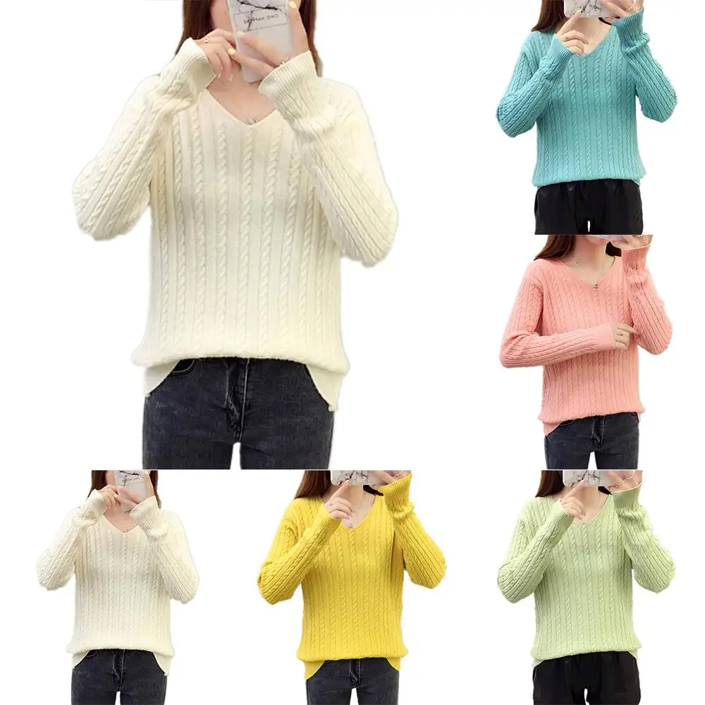 

Женский простой джемпер с V-образным вырезом, свободный удобный пуловер, свитер, повседневные зимние вязаные топы