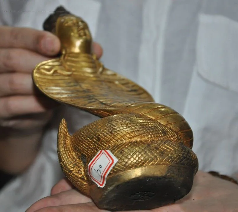 

wedding decoration 7"Tibet bronze gilt Buddhism Snake body Guanyin Kuan-Yin Head Buddha Gods Statue