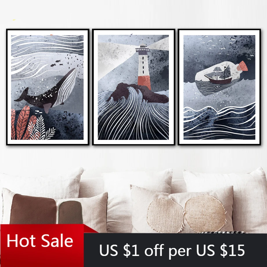 Абстрактная Картина на холсте с рисунком Кита маяков морской бутылки корабля