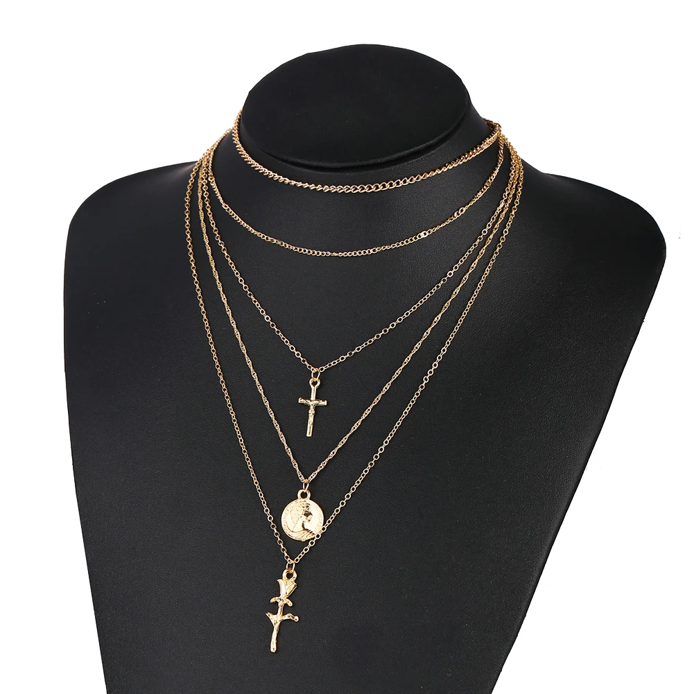 Vintage Women Necklace Cross Rose Flower Medal Coin Pendant Women Multi-layer Necklace Jewelry Woman's accesories