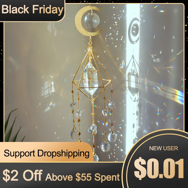 

Crystal Windchimes Star Moon Pendant Hexagon Prisms Sun Light Catcher Garden Window Wedding Hanging Drop Home Decor Wind Chime