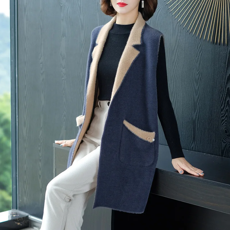 Женский длинный вязаный жилет свободный однотонный кардиган без рукавов в