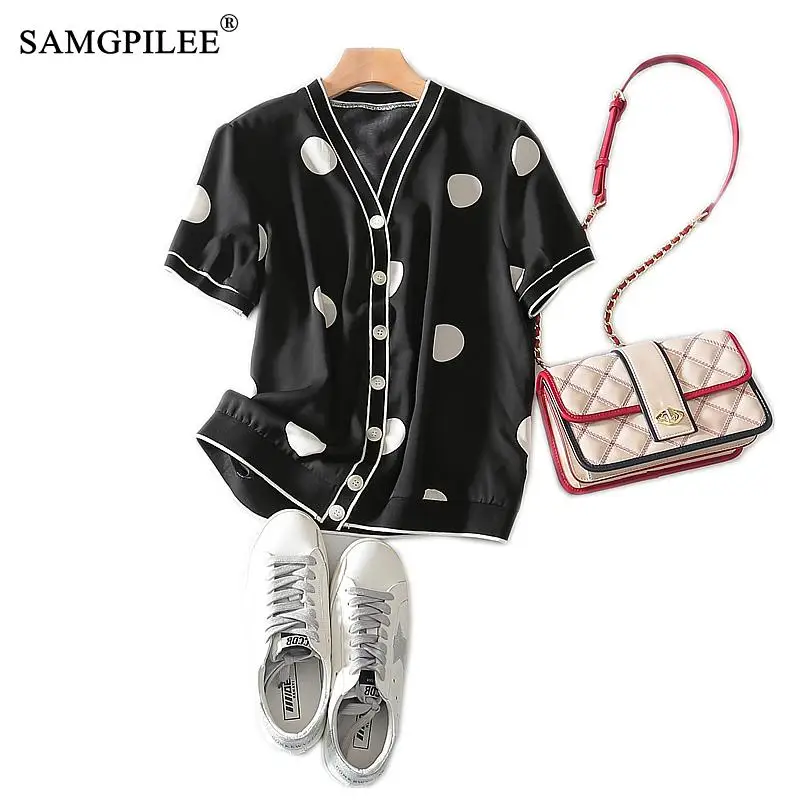 Блузка женская шифоновая в горошек с коротким рукавом и V-образным вырезом |