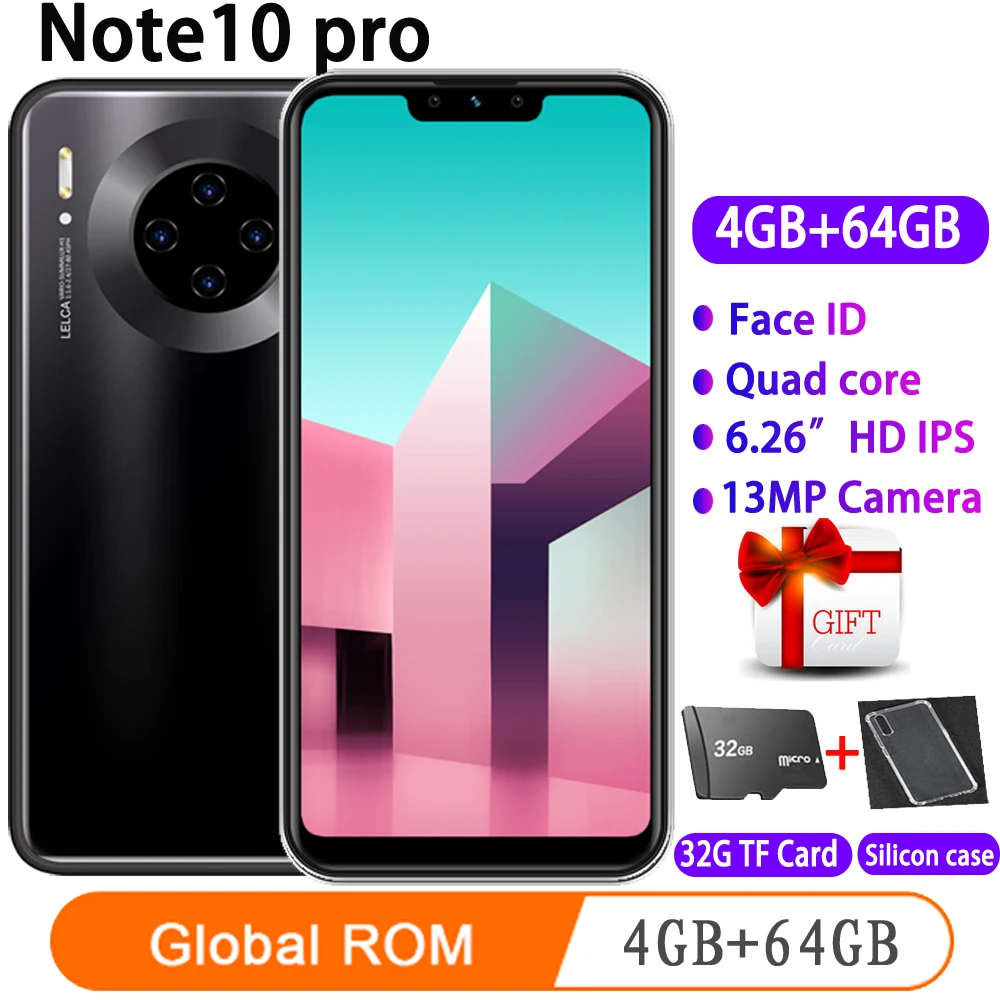 Note10 pro 13MP камера 6 26 дюймовый экран мобильные телефоны android 4G RAM 64G ROM celular MTK6580 четырехъядерный ID лица