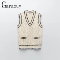 garaouy 2021 new women spring autumn sweet college style v neck sleeveless vintage stripe crochet pocket knitted vest za