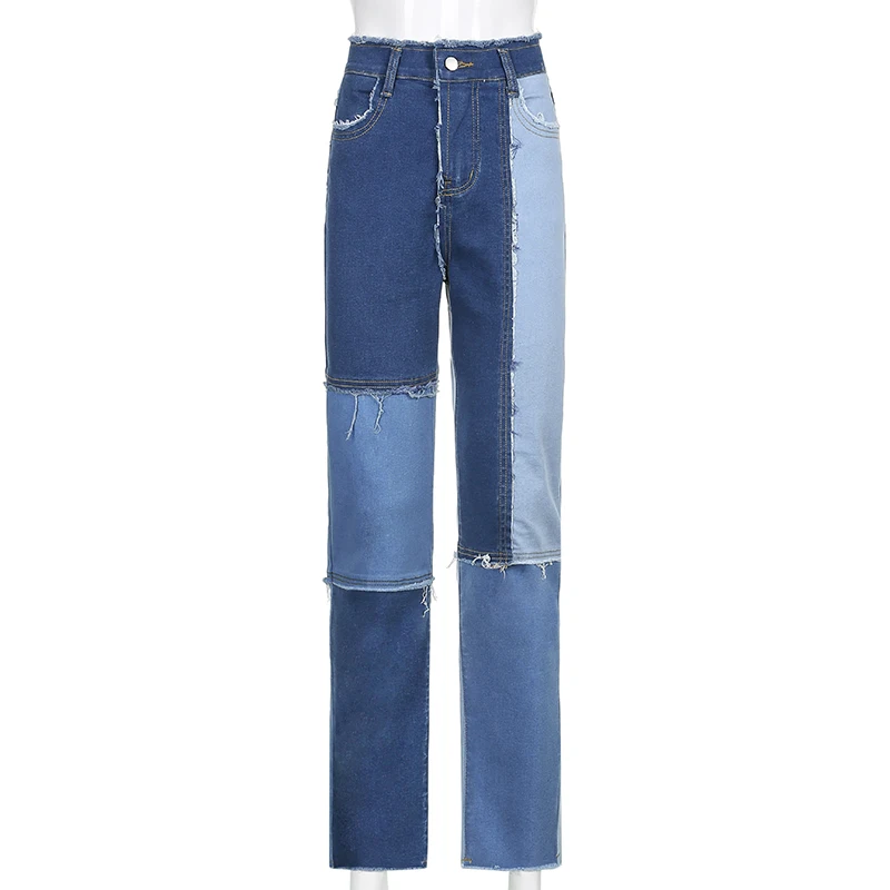 

Blue Straight Y2K Jeans For Girls Female Fashion Patched Women Vintage Denim Pants 2021New High Waisted Trouser Harajuku Capris