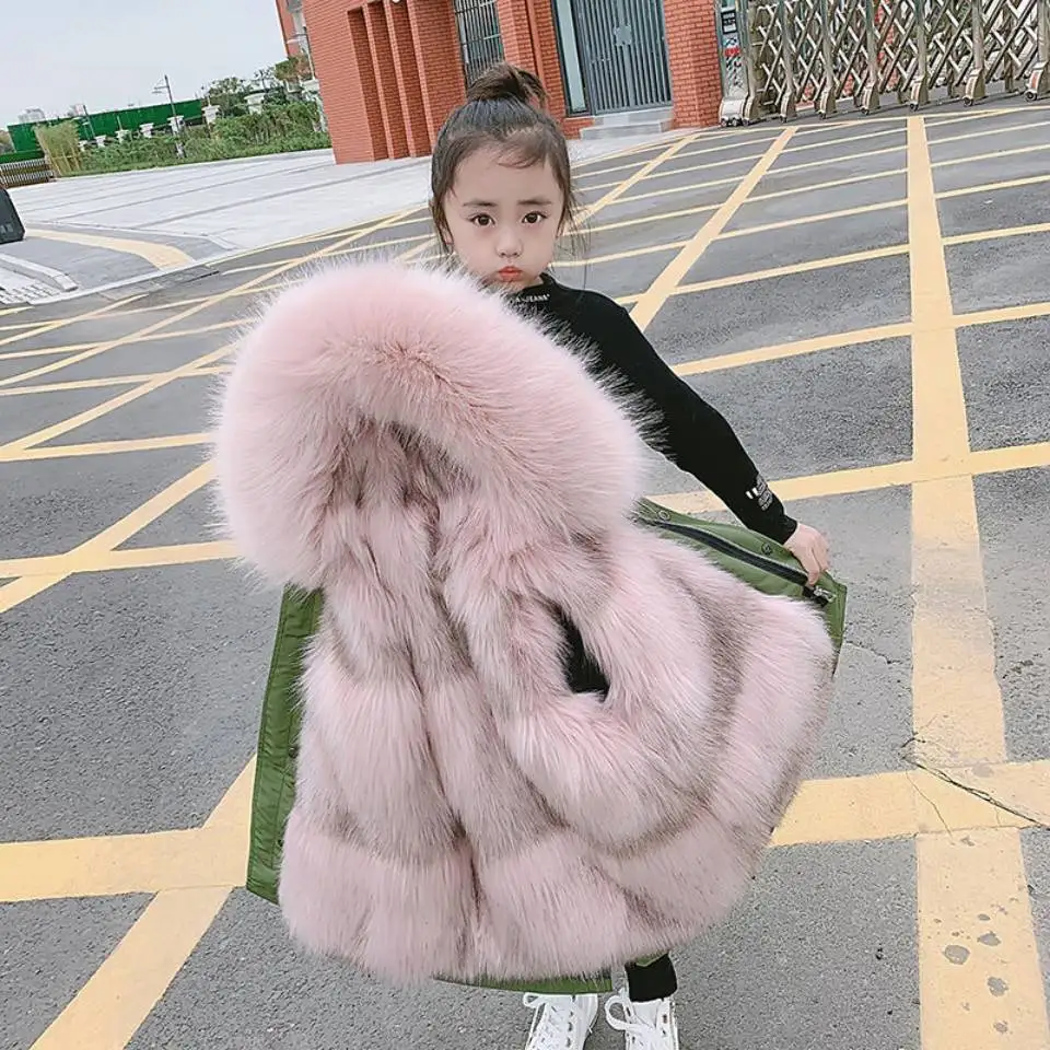 7 Colors Kids Fake Fur Children Jacket Outwear Winter Kids Big Fur Hooded Warm High Quality Windbreaker Outerwear For 3-14Yrs