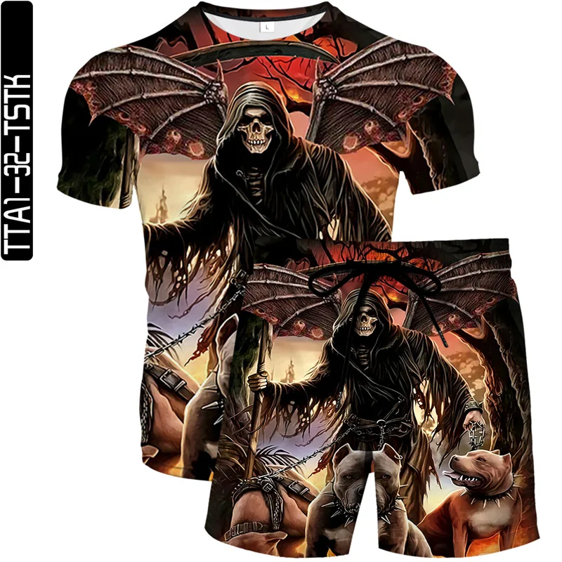 

2021 men's personality T-shirt fashion new summer men's beach pants casual 3D printing two-piece character pattern printing