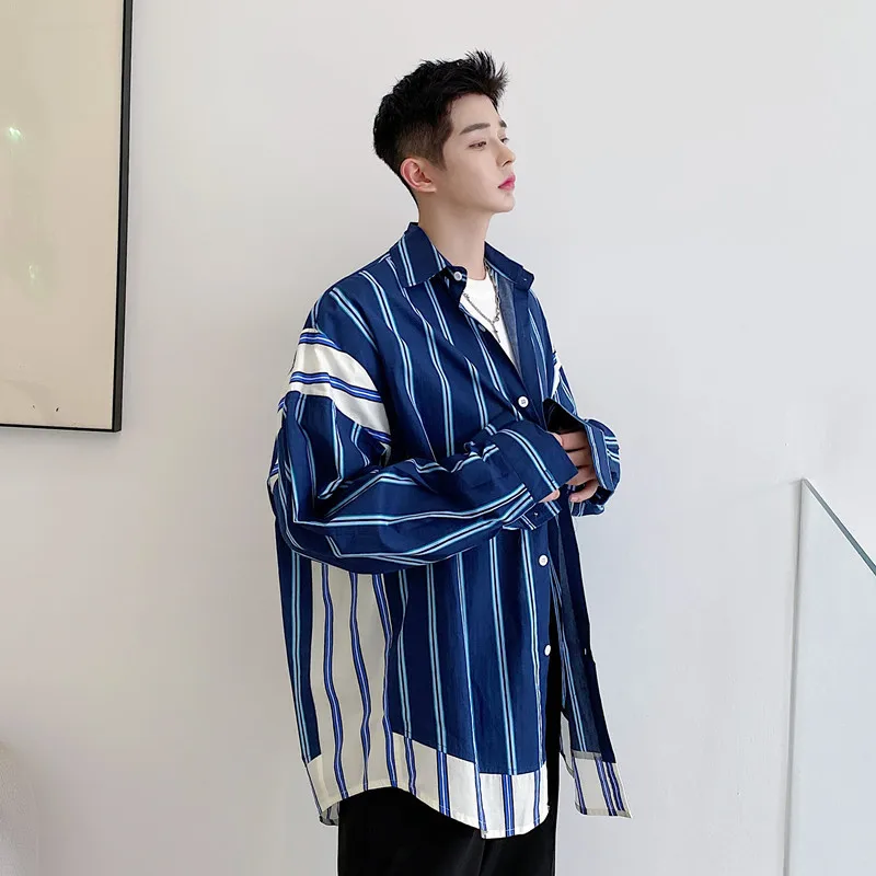 Рубашка мужская с длинным рукавом в полоску свободного покроя|Повседневные