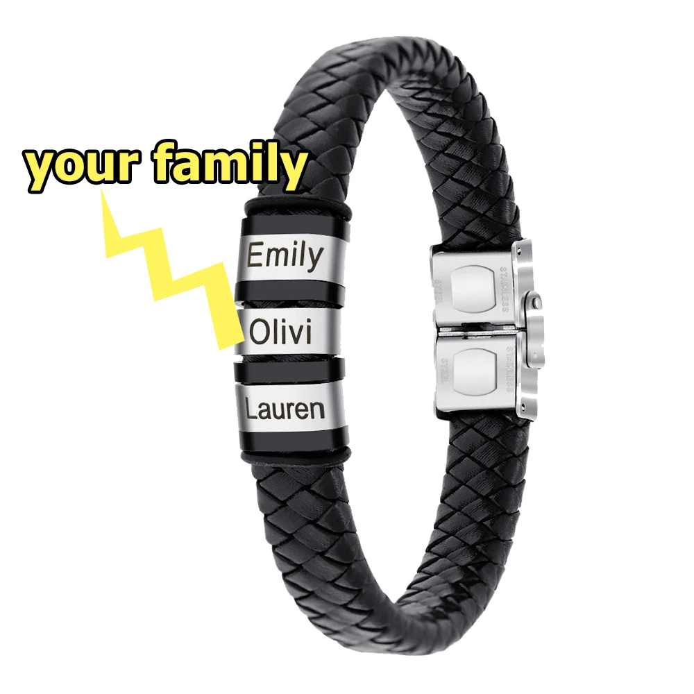 Custom Mens Genuine Leather Bracelet Stainless Steel Custom Beads Name Charm Bracelet Jewelry For Men With Family Names regalos