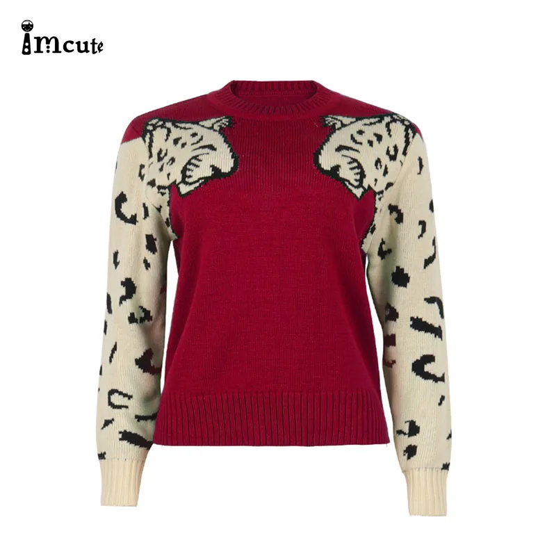 Женский вязаный свитер с длинным рукавом леопардовым принтом | Женская одежда
