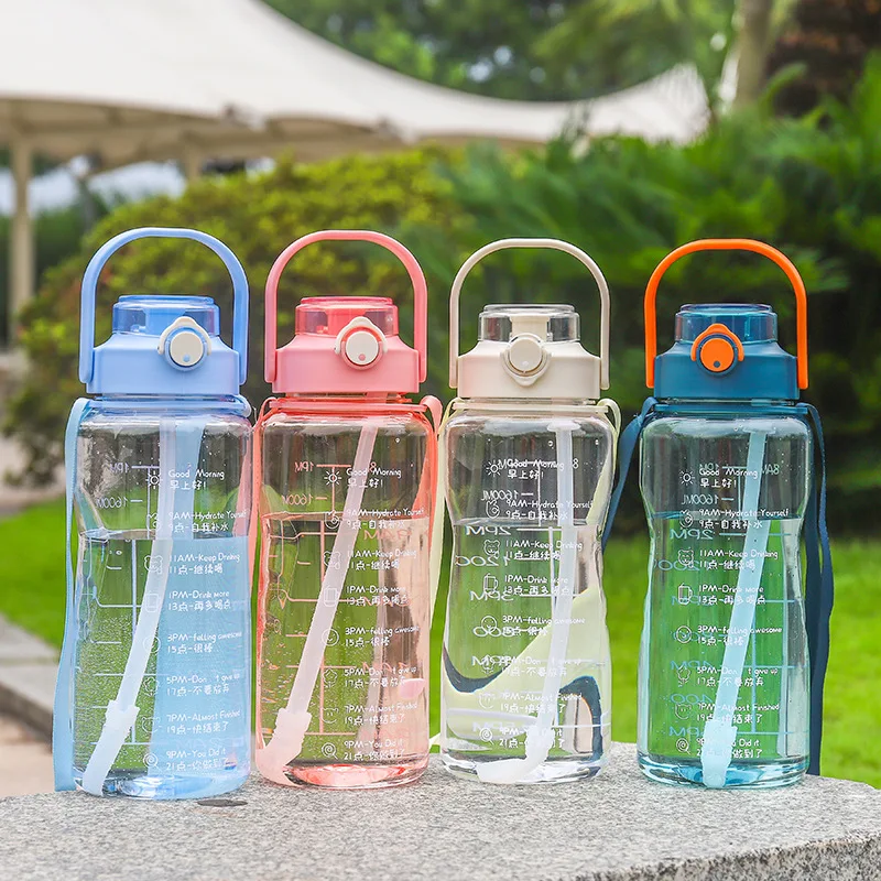 

2000ml Cute Large Capacity Space Plastic Water Bottle With Straw Portable Handle Outdoor Sports Cycling Camping Drinking Kettle