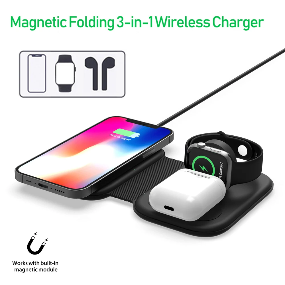 

3 in1 Magnetic Folding 15W Wireless Charger Station for iPhone 12 Pro Max Compatible with Samsung and Airpods Qi Android