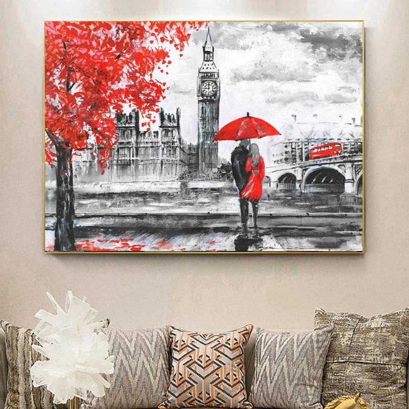 

London Landscape Lovers Under The Red Umbrella Oil Painting Canvas Posters and Prints Wall Art Picture for Living Room Cuadros