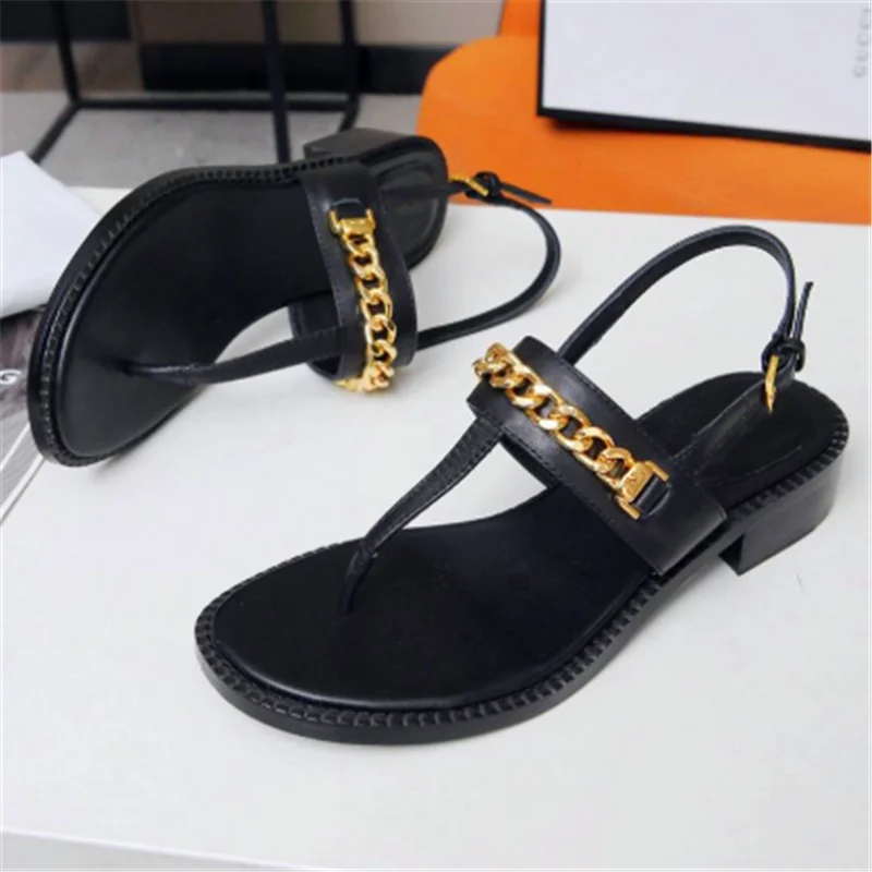 

prowow Metal Decorative Sandals Back Strap Sandals Chain Roman Sandals Round Toe Sandals Platform Leather Shoes Flip Toe Shoes