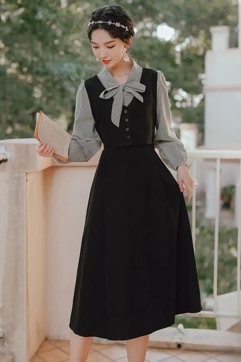 

COIGARSAM French Style Patchwork Women dress Dresses Red Black Y1321