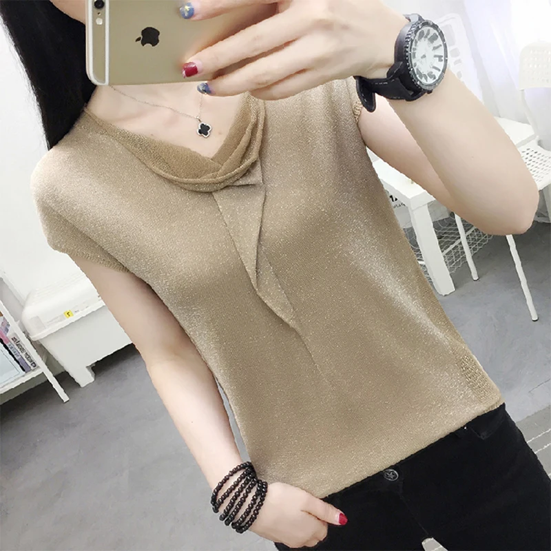 Lurex Women's knitted T-shirt Tops Ruffled V-neck Tshirt Loose casual soft knitting Tee shirt Female 2020 summer Dames T | Женская