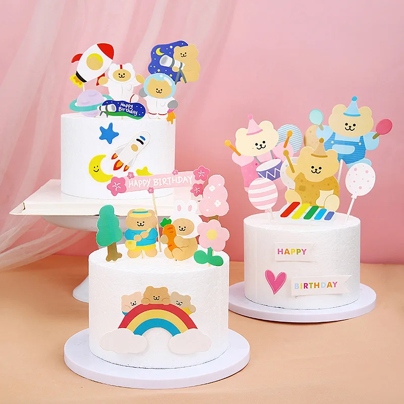 

1 Set Bear Rainbow Moon Heart Cake Topper Anniversary Happy Birthday Cupcake Toppers Baking Party Flag Baby Shower Cake Decor