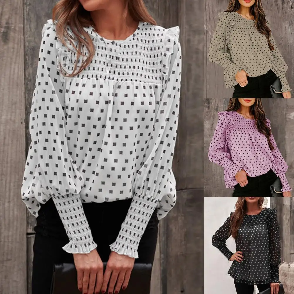 

Women Shirt Quick Drying Elegant Classic Ruffle Blouse Trim Chic ONeck Casual Blouse Skin-friendly Casual Top O-Neck for Travel