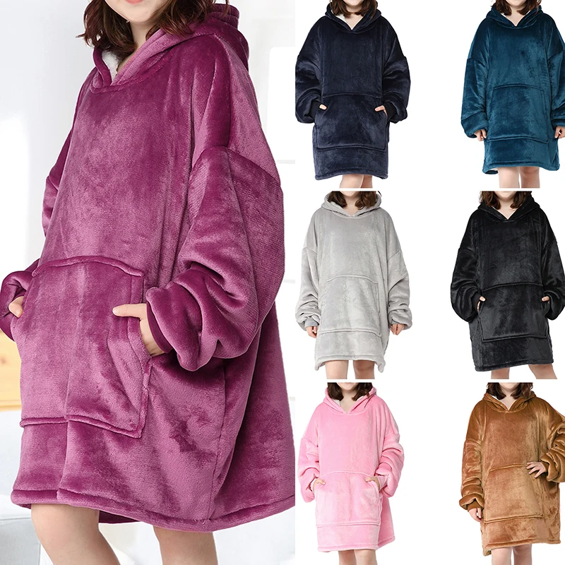 

Oversized Blanket Hoodie With Sleeves Sweatshirt solid Winter Fleece Hoody Women Pocket Female Hooded Sweat Oversize Female
