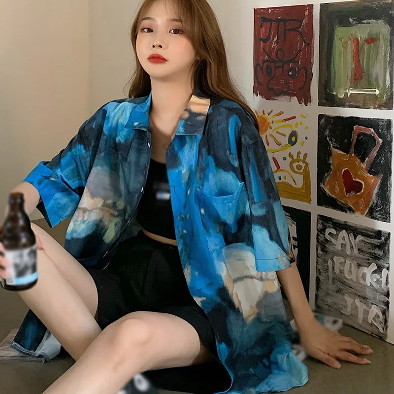 

ROPALIA Women Print Loose Blouse Short Sleeve Female Shirt Casual Chiffon Blouse for Couple