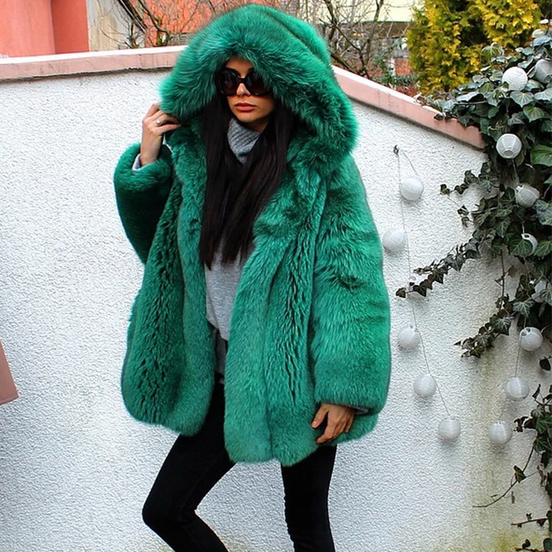 Natural Green Fox Fur Coats Medium Length Luxury Whole Skin Genuine Fox Fur Jackets Medium Length Winter 2022 New Fur Overcoats