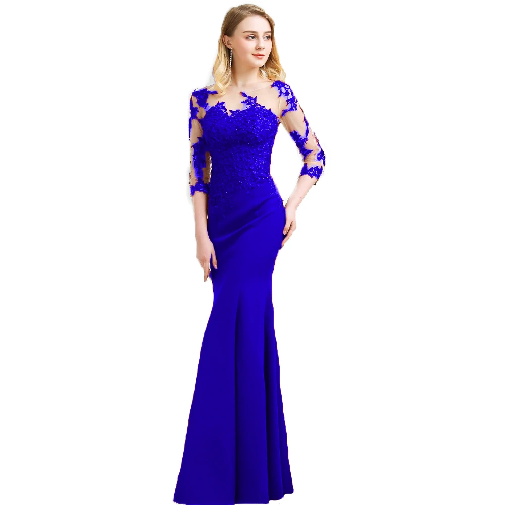 ROYAL BLUE Винтажное длинное вечернее платье с круглым вырезом и рукавами три четверти, элегантное темно-красное платье в пол для выпускного вечера, новинка - Цвет: ROYAL BLUE