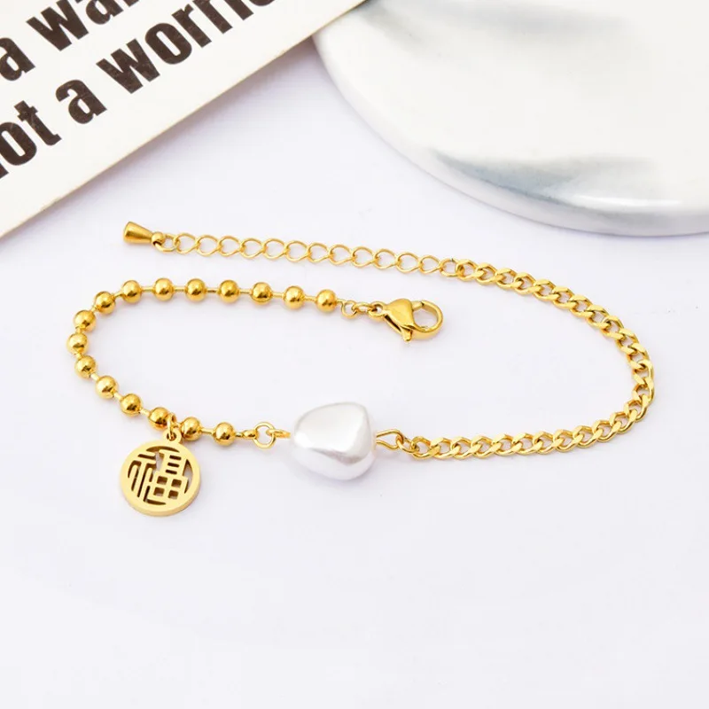 

New retro fu character pearl titanium steel ball bracelet women net red fashion adjustable hand ornaments