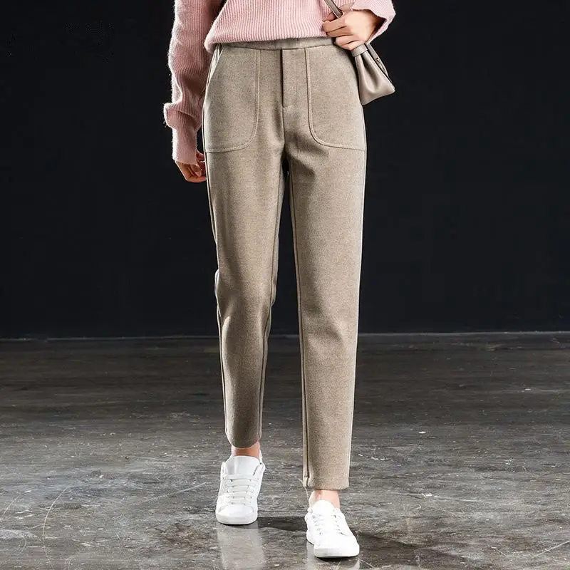 

Модные осенне-зимние женские шаровары с высокой талией 2021, шерстяные женские повседневные однотонные теплые женские длинные брюки Y124