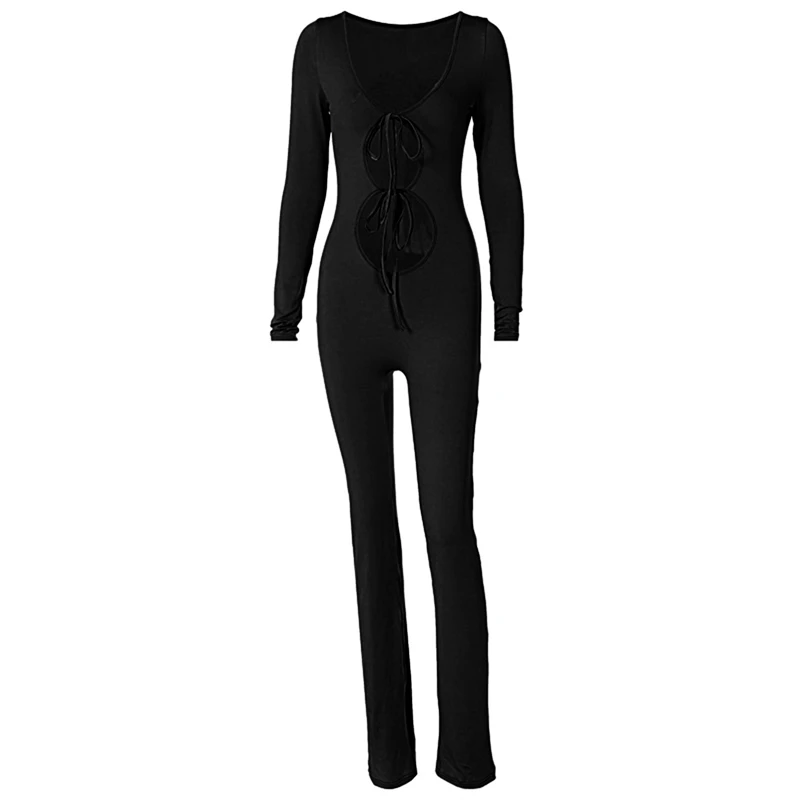 

Hirigin 2021 Autumn Long Sleeve Hollow Out Tie-up Overalls Streetwear Women Casual Close-fitting Sexy Solid Color Jumpsuit