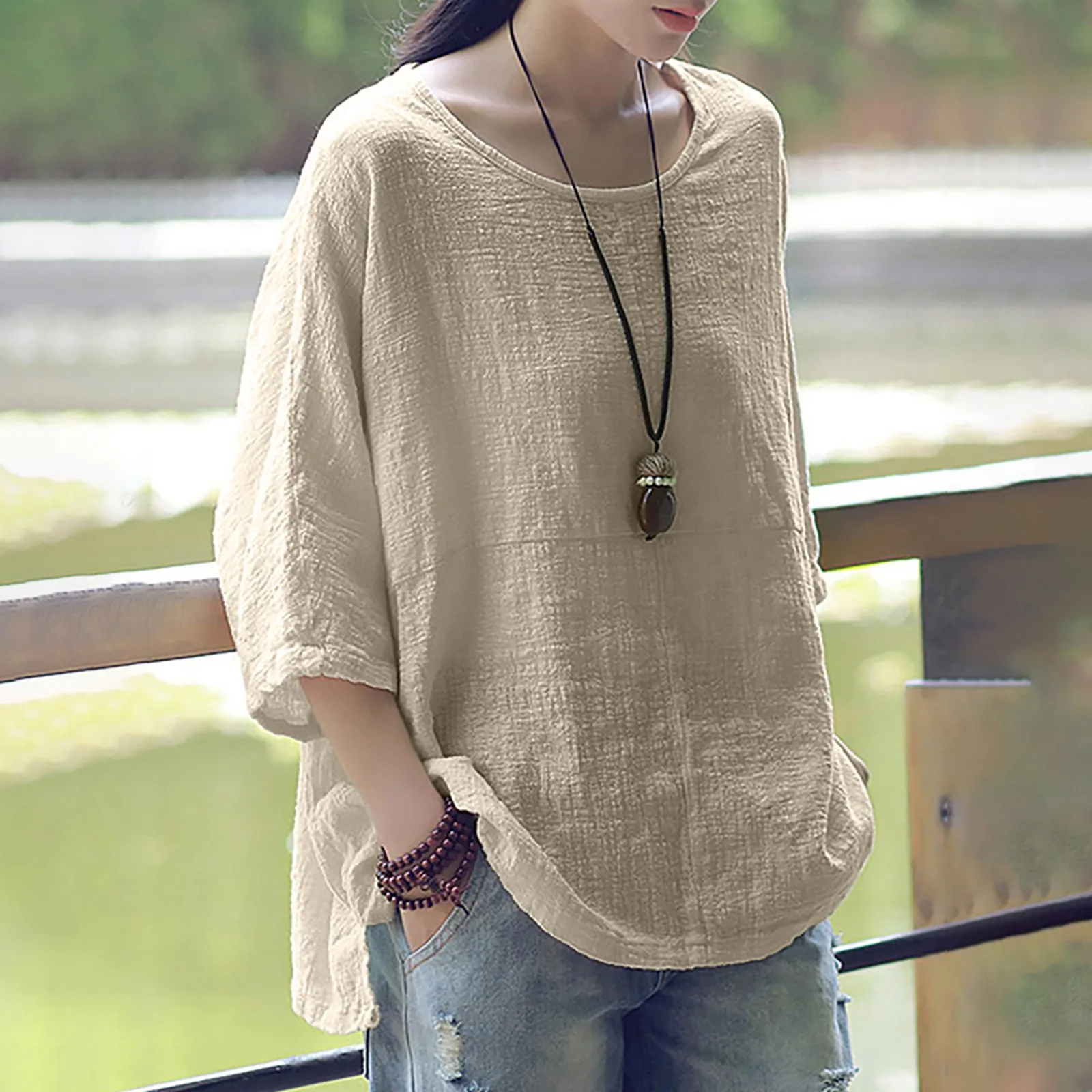 

5xl Tunic Tops For Ladies Plus Size Clothes 2021 Summer Clothes Women's Casual Solid Color Loose Cotton Linen Medium Sleeve Tops