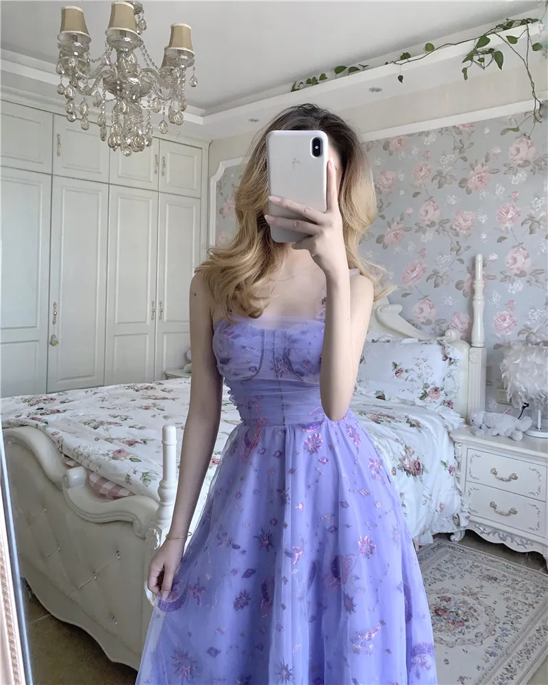 

Sexy Fairycore Purple Dress Ruched Tulle Vestido Sexy Backless Dress Midi Women Clothes Kawaii Dress Summer Dress 2021