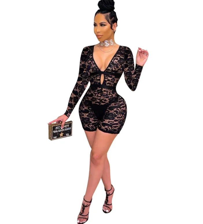 

2021 summer new long-sleeved sexy hollow lace perspective hip-lifting V-neck jumpsuit